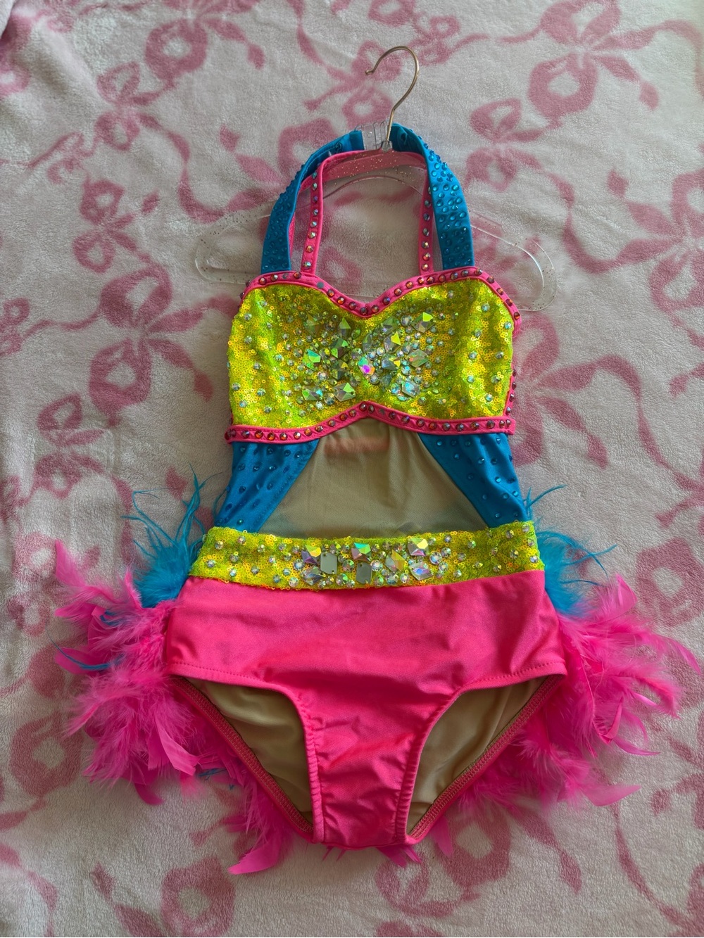Girls Bright Pink, Yellow & Blue Dance Costume with Feather Accents